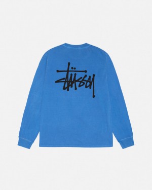 Férfi Stussy Basic Stussy LS Tee Pigment Dyed Póló Kék Magyarország | AFV-7455