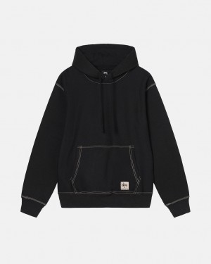 Férfi Stussy Contrast Stitch Label Hoodie Kapucnis Pulóver Fekete Magyarország | AET-5131