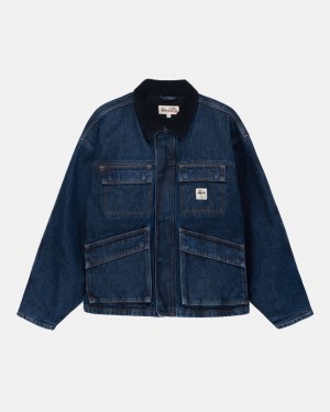 Férfi Stussy Shop Jacket Washed Denim Kabát Kék Magyarország | GHQ-7605