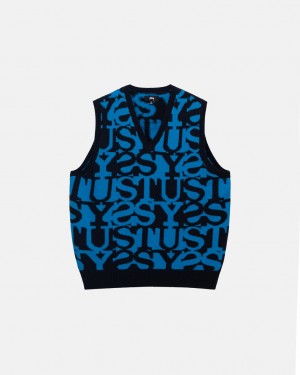 Férfi Stussy Stacked Pulóver Vest Pulóverek Sötétsötétkék Magyarország | PNU-3143