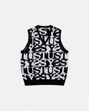 Férfi Stussy Stacked Pulóver Vest Pulóverek Fehér Fekete Magyarország | KSX-3313