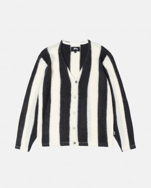 Férfi Stussy Stripe Brushed Cardigan Pulóverek Bézs Magyarország | SIH-8093