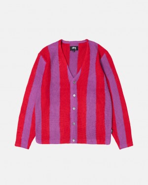 Férfi Stussy Stripe Brushed Cardigan Pulóverek Lila Magyarország | DLL-2251