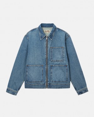 Férfi Stussy Zip Munka Jacket Denim Denim Kék Magyarország | UDO-2447