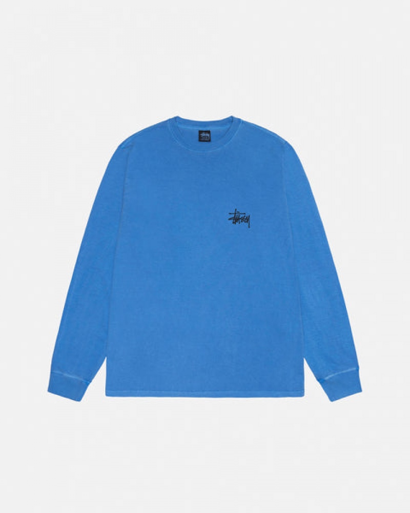 Férfi Stussy Basic Stussy LS Tee Pigment Dyed Póló Kék Magyarország | AFV-7455