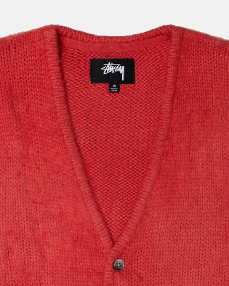 Férfi Stussy Brushed Cardigan Pulóverek Piros Magyarország | LLI-7047