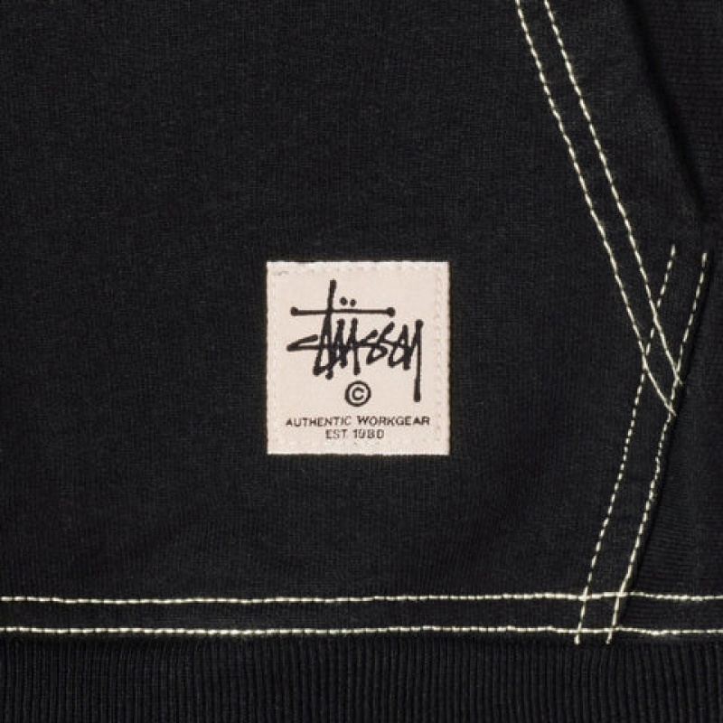 Férfi Stussy Contrast Stitch Label Hoodie Kapucnis Pulóver Fekete Magyarország | AET-5131