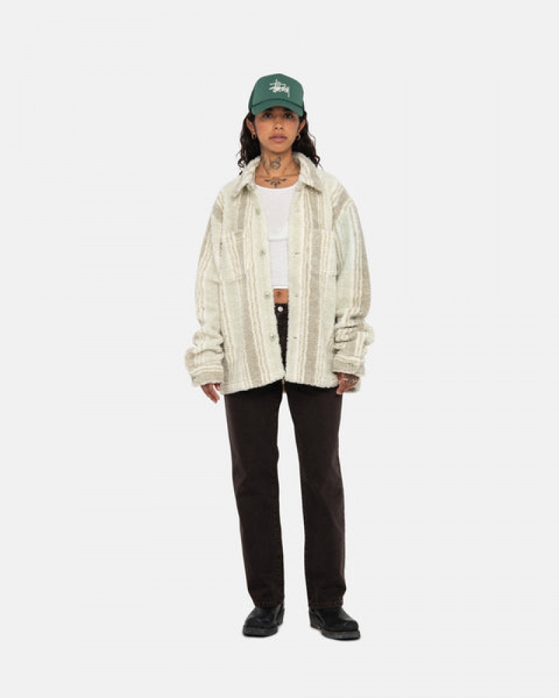 Férfi Stussy Csíkos Sherpa Shirt Ing Dzsekik Bézs Magyarország | XHL-7463