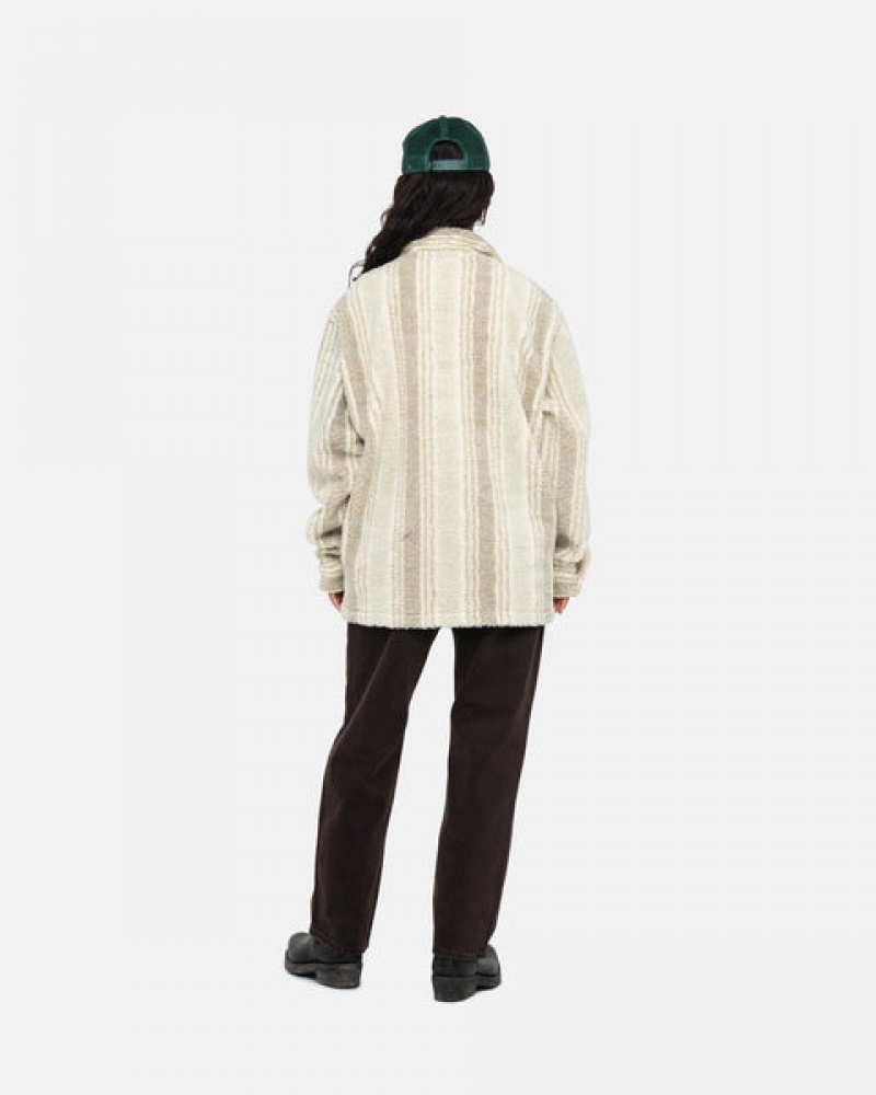 Férfi Stussy Csíkos Sherpa Shirt Ing Dzsekik Bézs Magyarország | XHL-7463