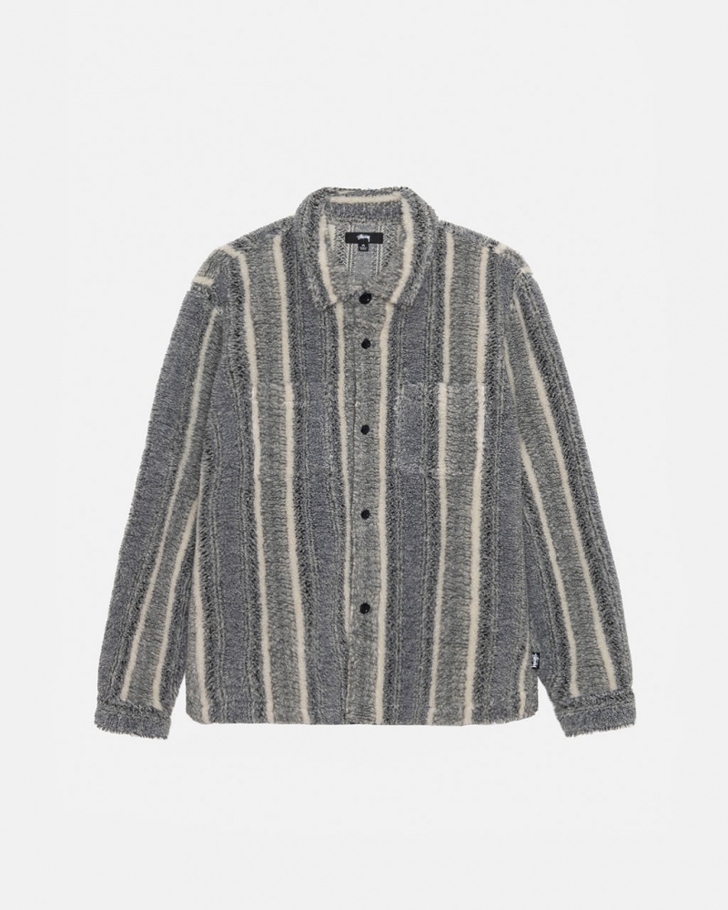 Férfi Stussy Csíkos Sherpa Shirt Ing Dzsekik Charcoal Magyarország | HBQ-9280