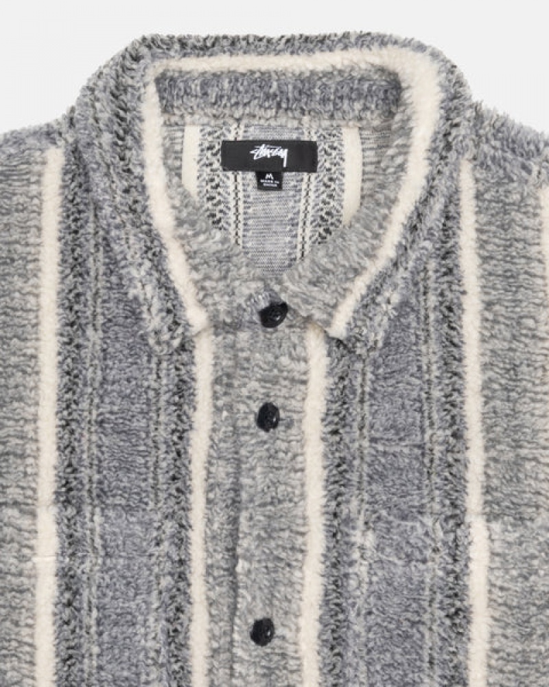 Férfi Stussy Csíkos Sherpa Shirt Ingek Charcoal Magyarország | PDL-0208