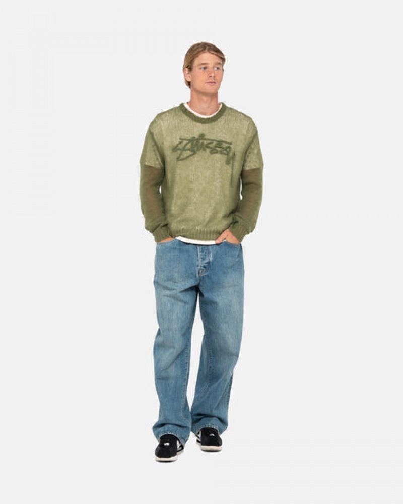 Férfi Stussy Loose Knit Pulóver Pulóverek Olivazöld Magyarország | UUI-7697