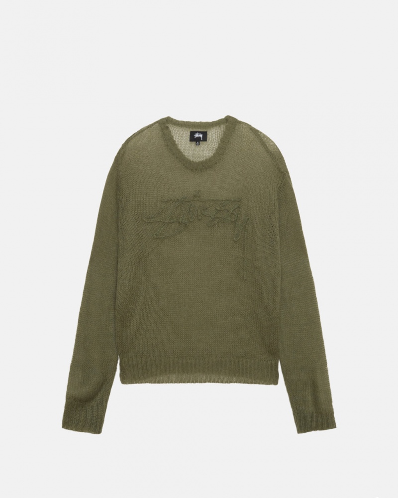 Férfi Stussy Loose Knit Pulóver Pulóverek Olivazöld Magyarország | UUI-7697