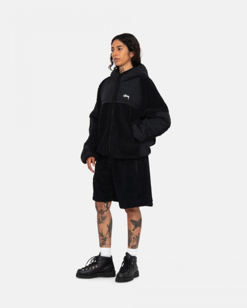 Férfi Stussy Sherpa Paneled Csuklyás Jacket Kabát Fekete Magyarország | PSA-2688