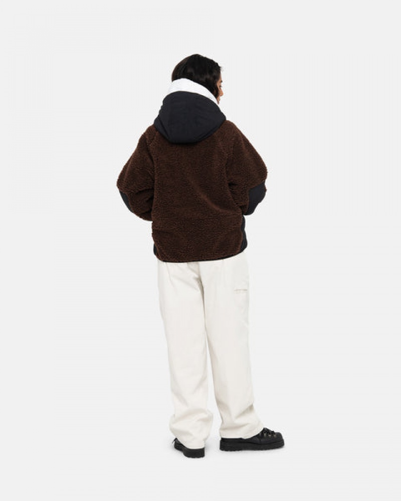 Férfi Stussy Sherpa Paneled Csuklyás Jacket Kabát Barna Magyarország | SMD-7379