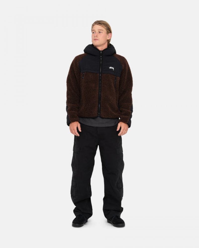 Férfi Stussy Sherpa Paneled Csuklyás Jacket Kabát Barna Magyarország | SMD-7379