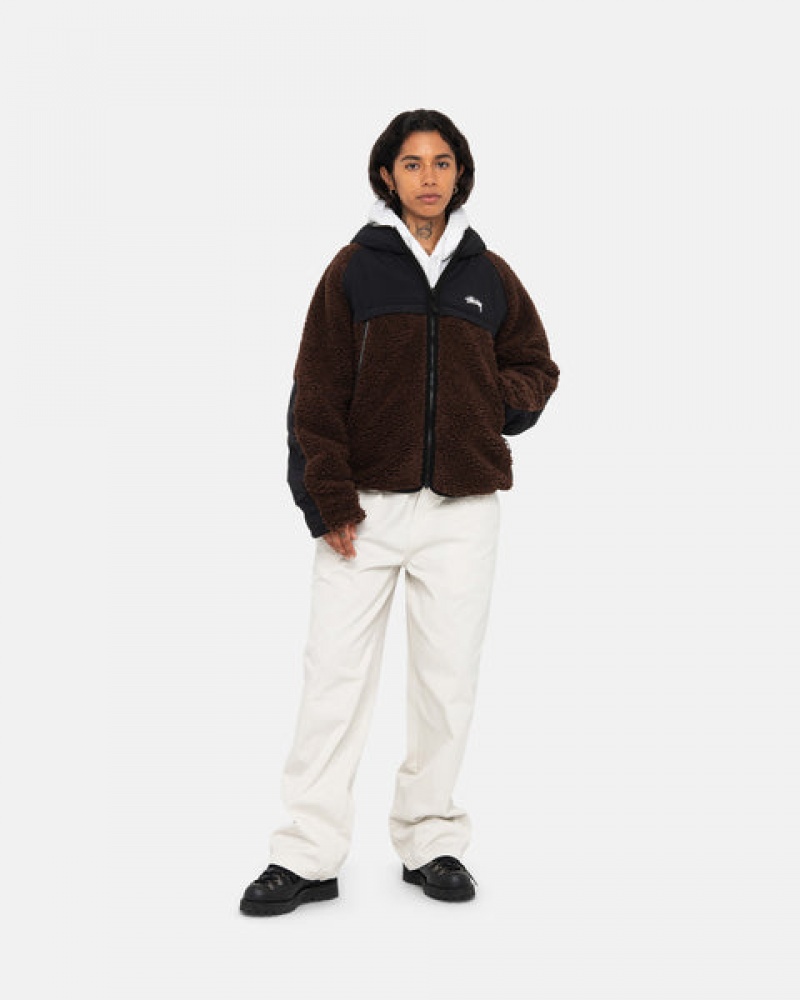 Férfi Stussy Sherpa Paneled Csuklyás Jacket Kabát Barna Magyarország | SMD-7379