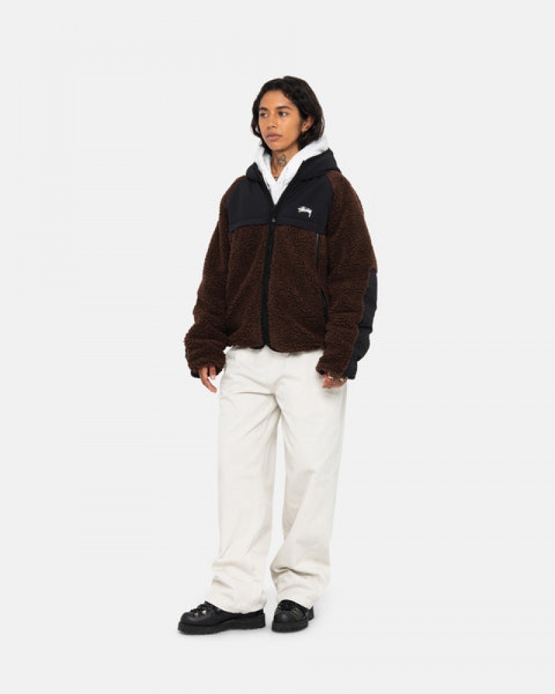 Férfi Stussy Sherpa Paneled Csuklyás Jacket Kabát Barna Magyarország | SMD-7379