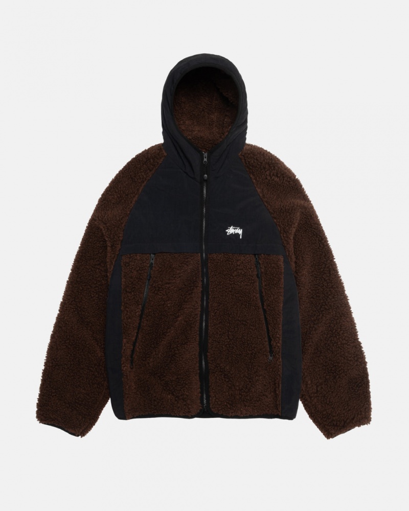 Férfi Stussy Sherpa Paneled Csuklyás Jacket Kabát Barna Magyarország | SMD-7379