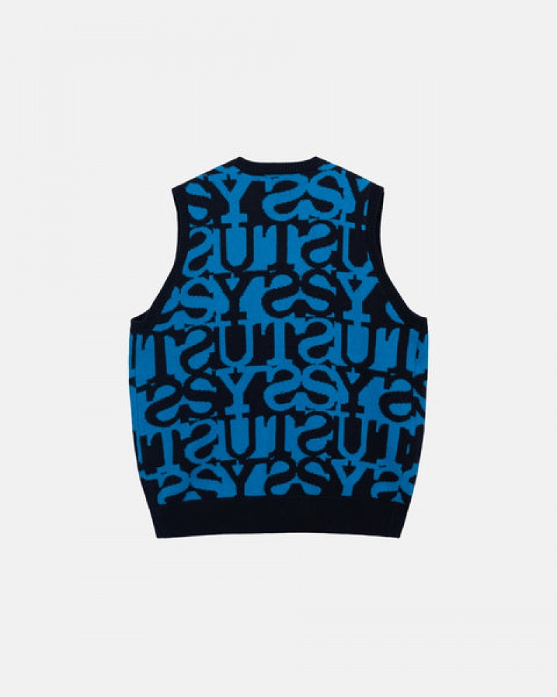 Férfi Stussy Stacked Pulóver Vest Pulóverek Sötétsötétkék Magyarország | PNU-3143