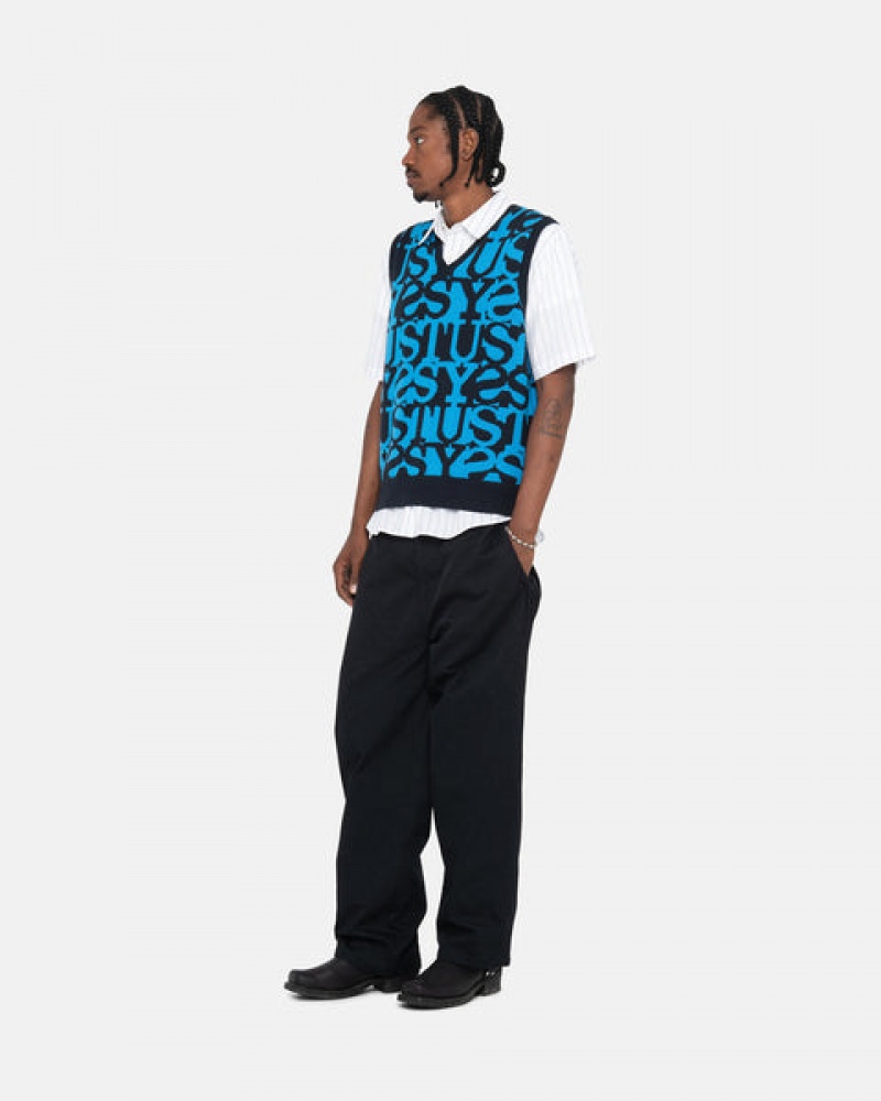 Férfi Stussy Stacked Pulóver Vest Pulóverek Sötétsötétkék Magyarország | PNU-3143