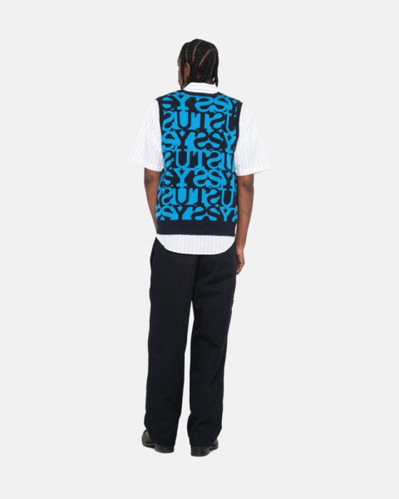 Férfi Stussy Stacked Pulóver Vest Pulóverek Sötétsötétkék Magyarország | PNU-3143