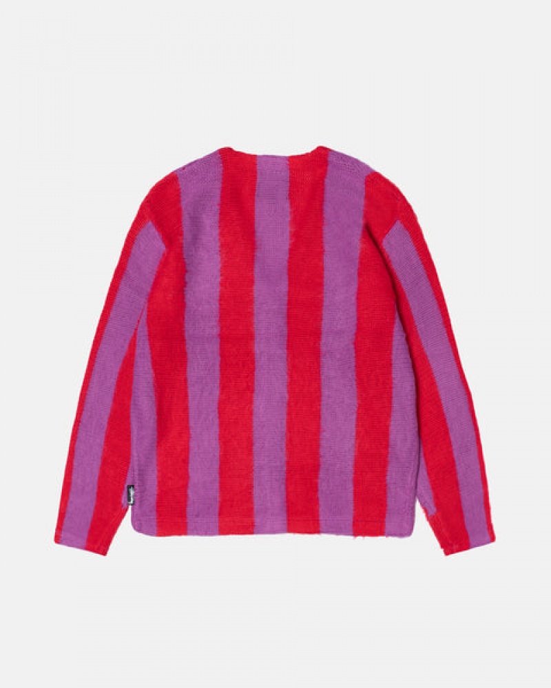 Férfi Stussy Stripe Brushed Cardigan Pulóverek Lila Magyarország | DLL-2251