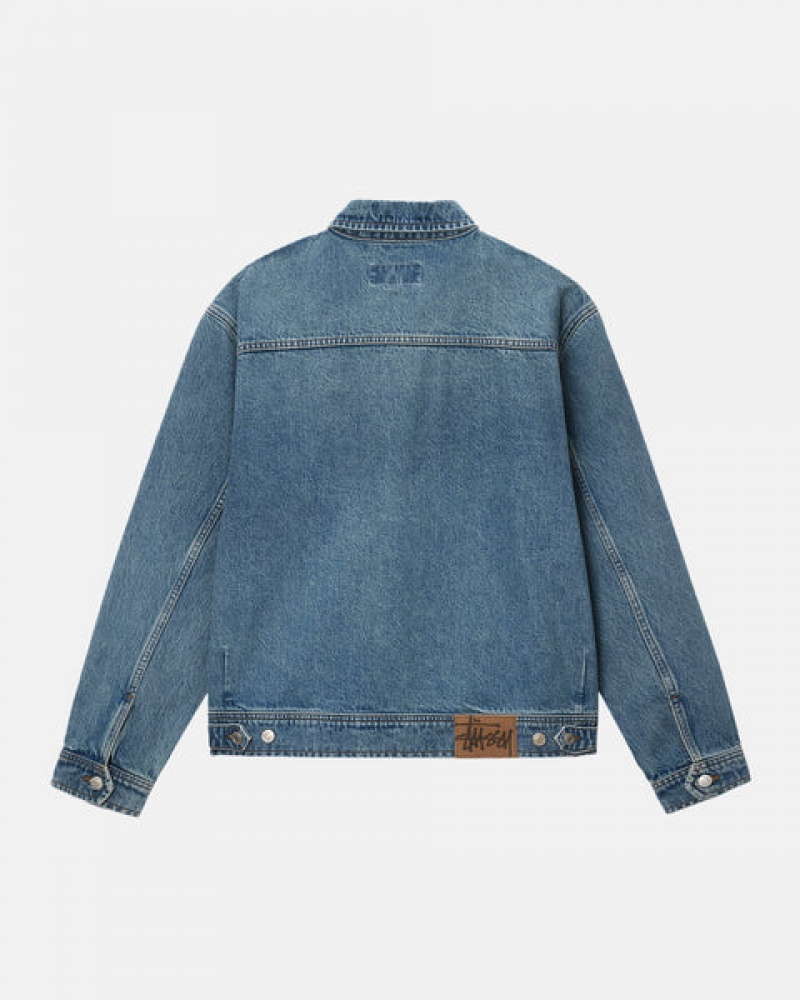 Férfi Stussy Zip Munka Jacket Denim Denim Kék Magyarország | UDO-2447